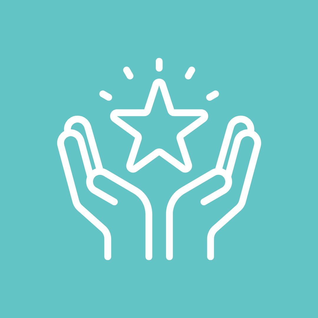 A graphic of a pair of hands with a star rising from the middle. It appears on a teal background. 